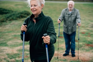 Seniors with trekking poles, staying active through colder months